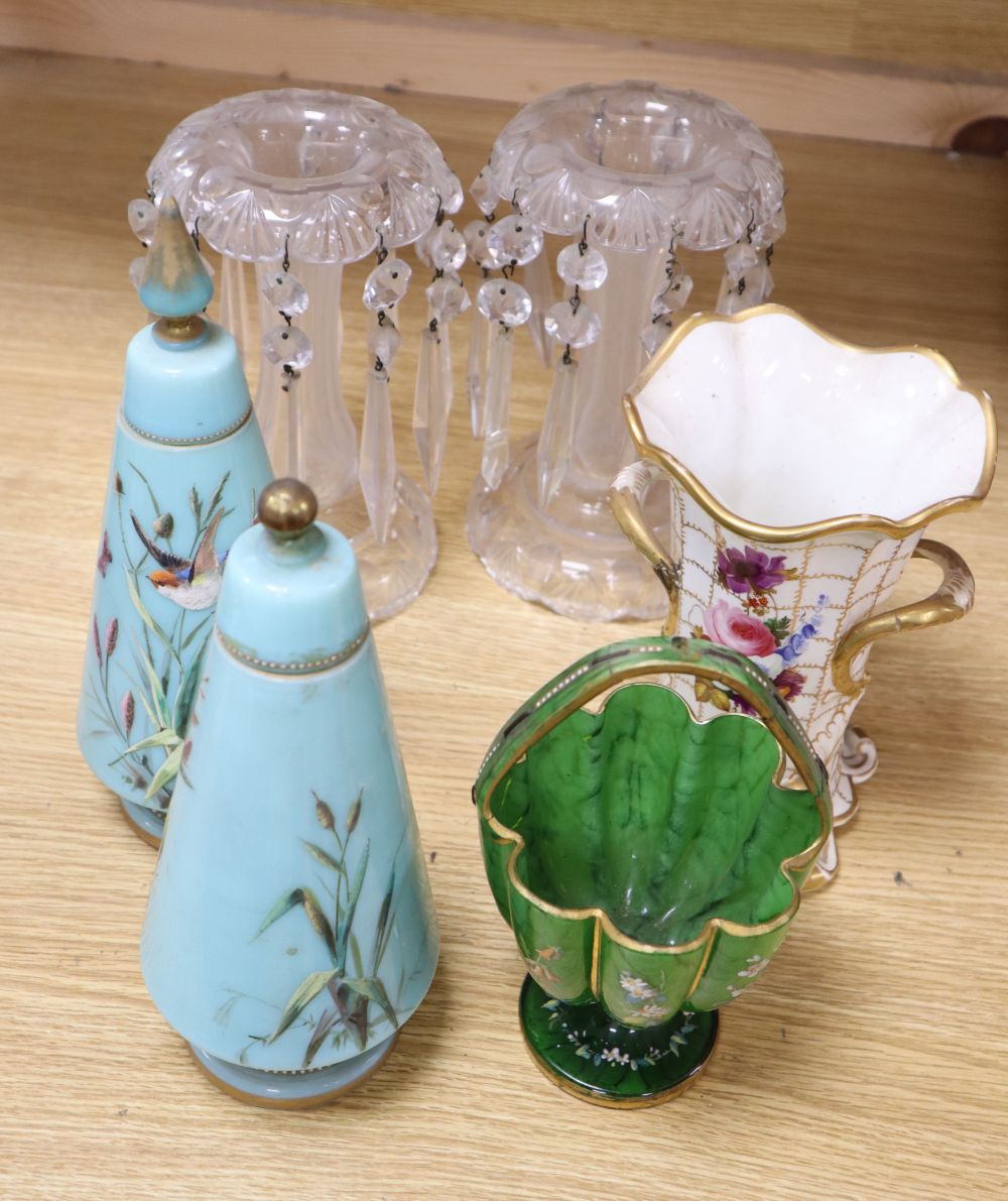 A pair of Victorian cut glass lustres, a pair of lidded glass jars, a basket and a porcelain vase